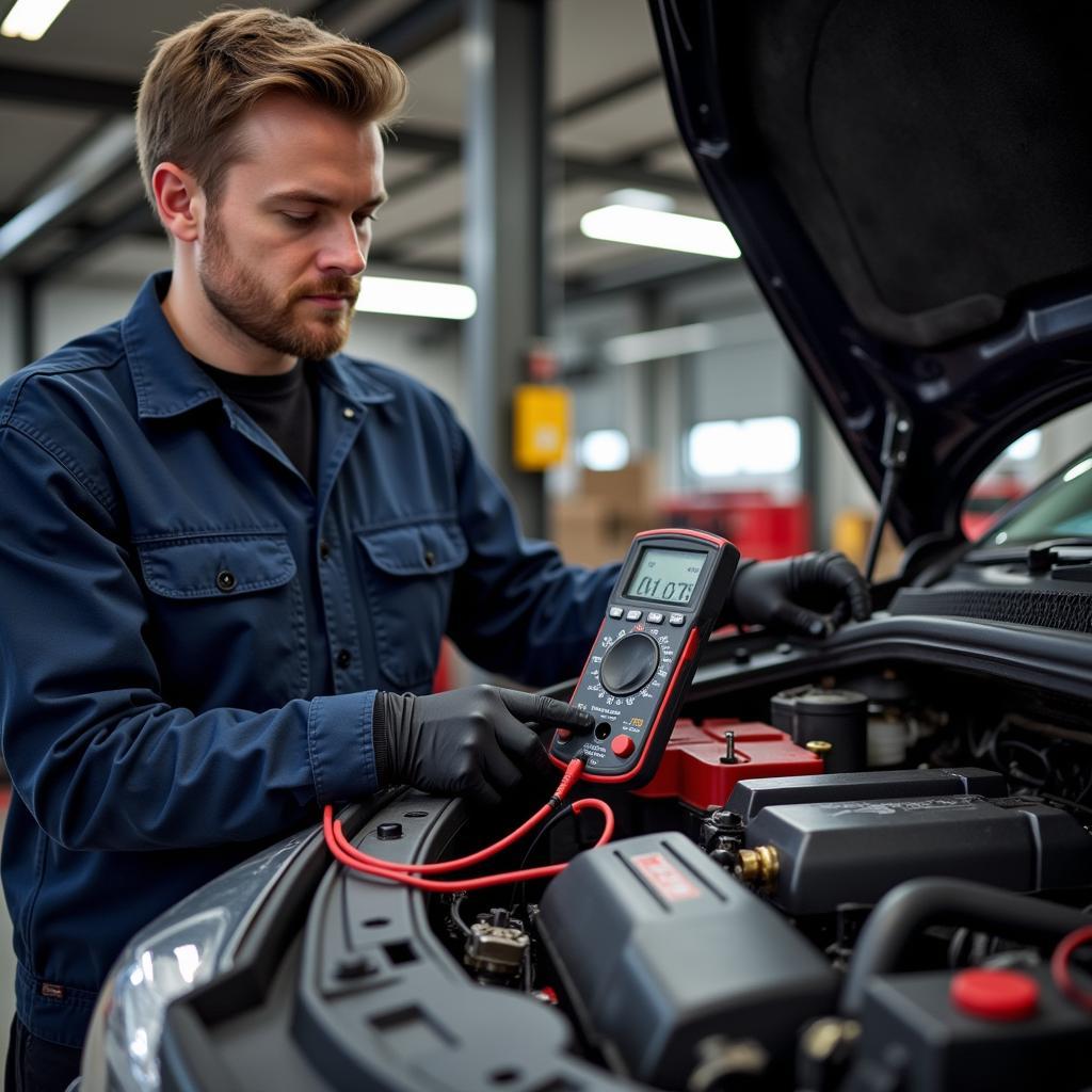 Mechanic Testing Car Battery