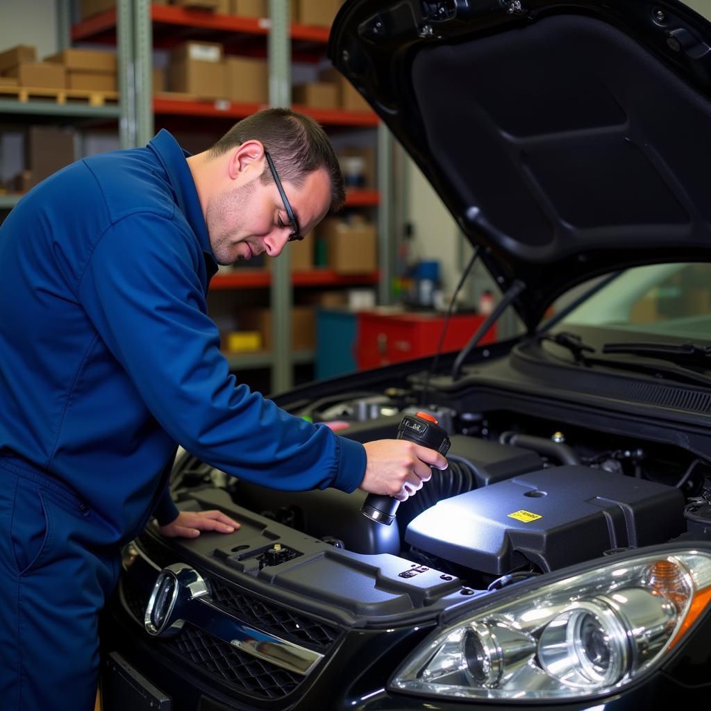 Mechanic inspecting OBD-II port for linking error