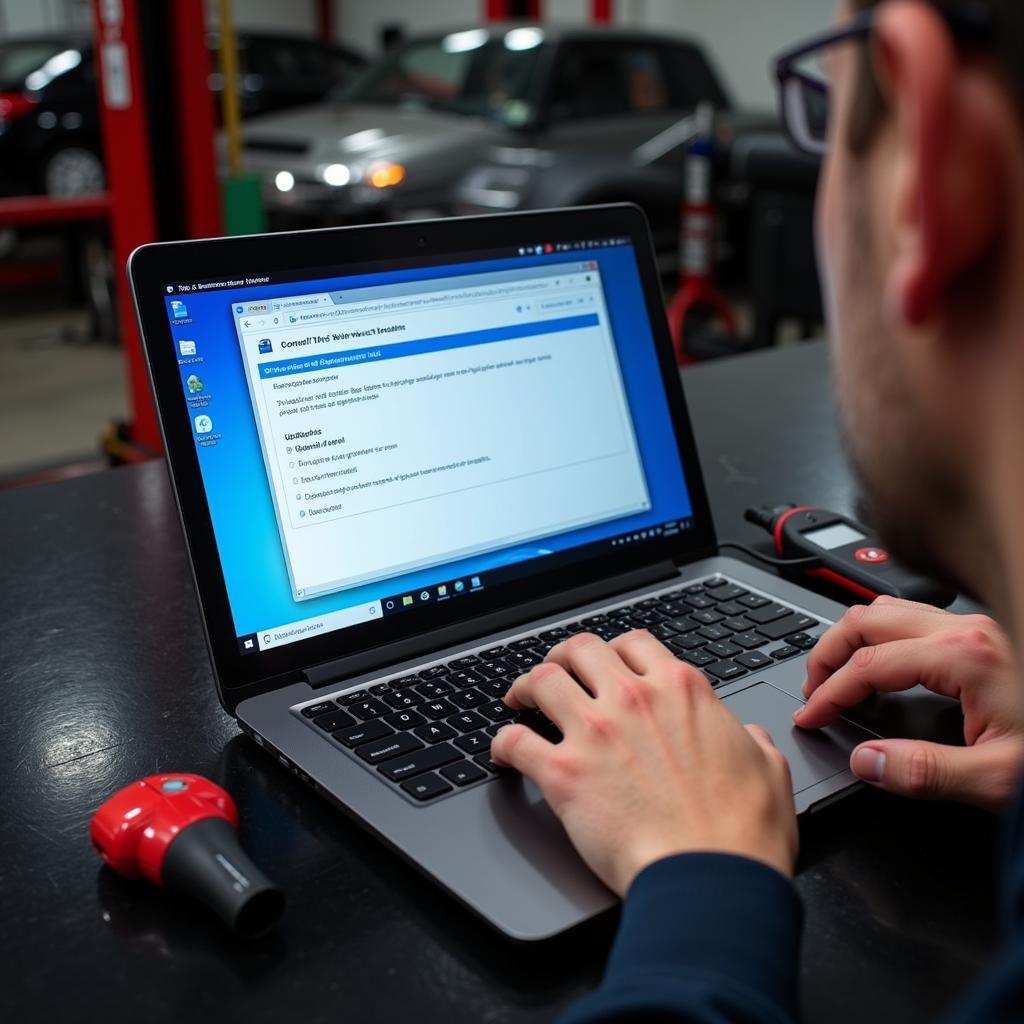 A mechanic updating car diagnostic software on a laptop.