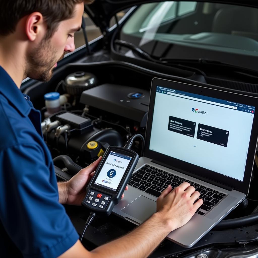 A mechanic updating diagnostic scanner software