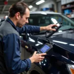 Mechanic Using a Diagnostic Scanner in a Garage