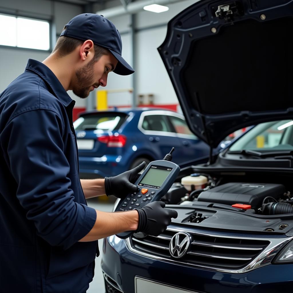  A mechanic utilizing a professional-grade car diagnostic tool on a vehicle in a repair shop.