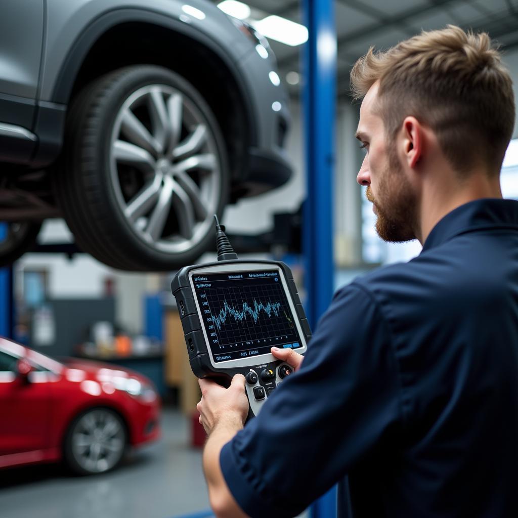 Mechanic Using a Professional-Grade Car Fault Code Diagnostic Reader