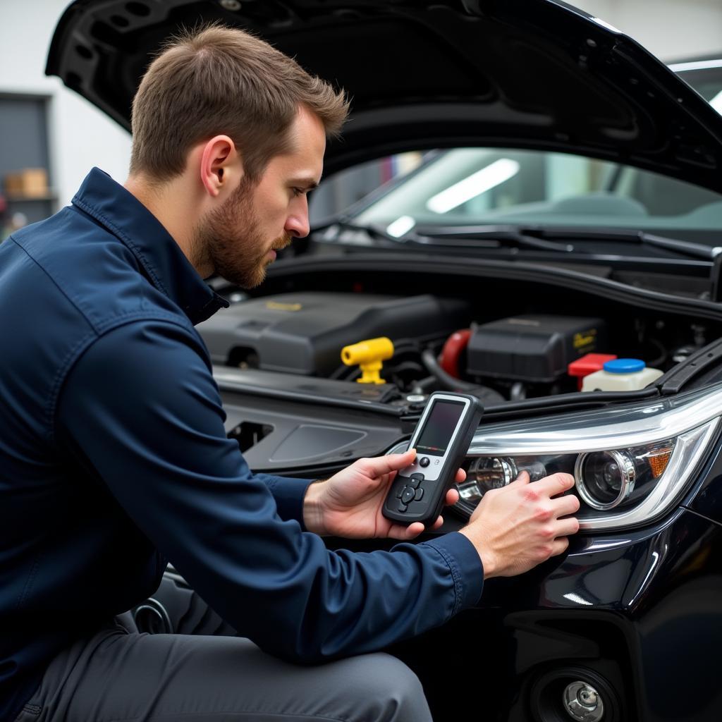 A mechanic uses the Adelphie car diagnostic tool to identify and diagnose a car problem.