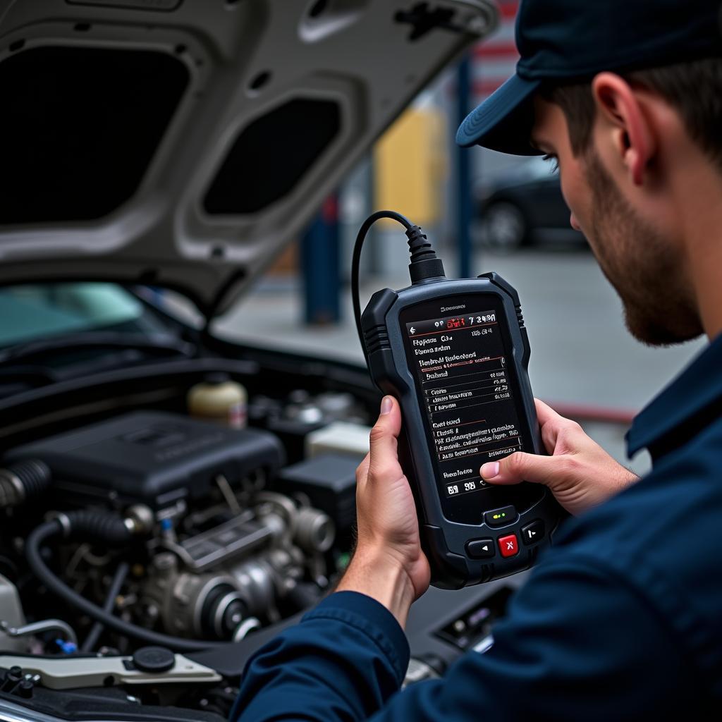 Mechanic Using an Advanced Car Diagnostic Scanner 