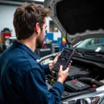 Mechanic Using Advanced Car Engine Diagnostic Meter