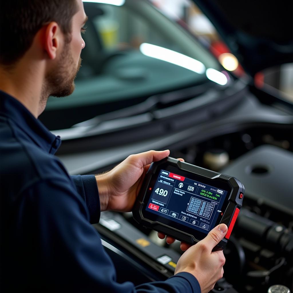 Mechanic Performing Car Diagnostics with a Professional Scan Tool