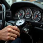 Mechanic using analog gauges and meters for car diagnosis