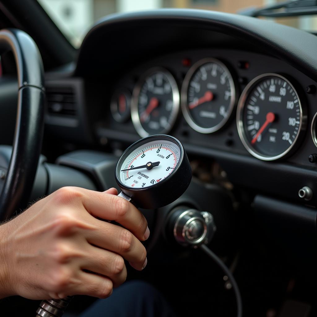 Mechanic using analog gauges and meters for car diagnosis