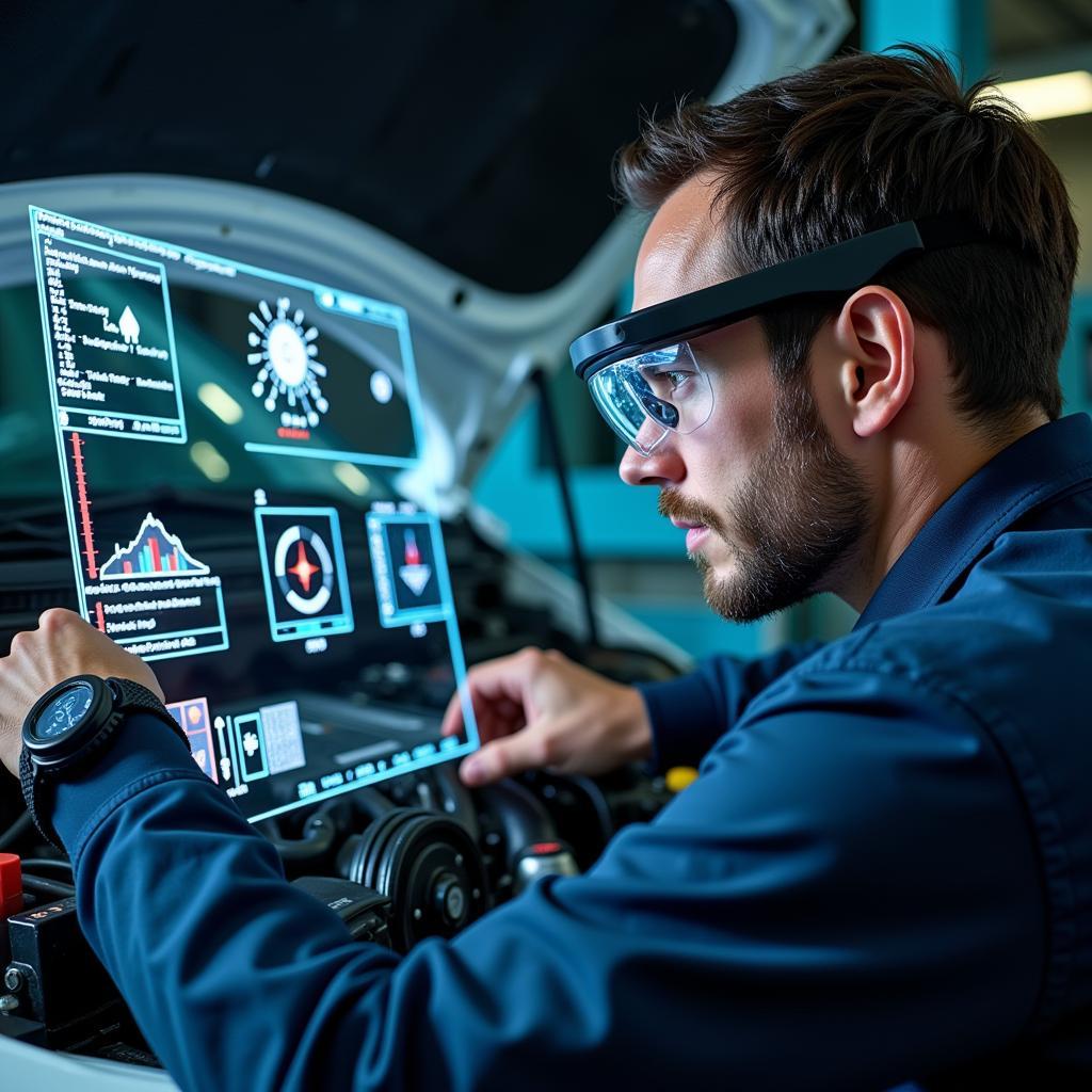 Mechanic wearing AR glasses while working on a hybrid car engine