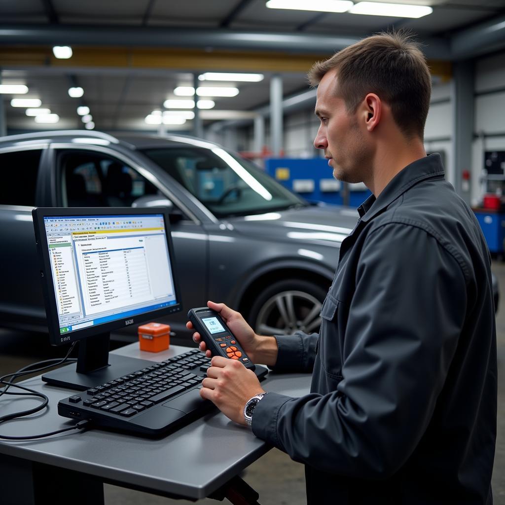 Experienced mechanic utilizing Autodata software to diagnose a car problem.