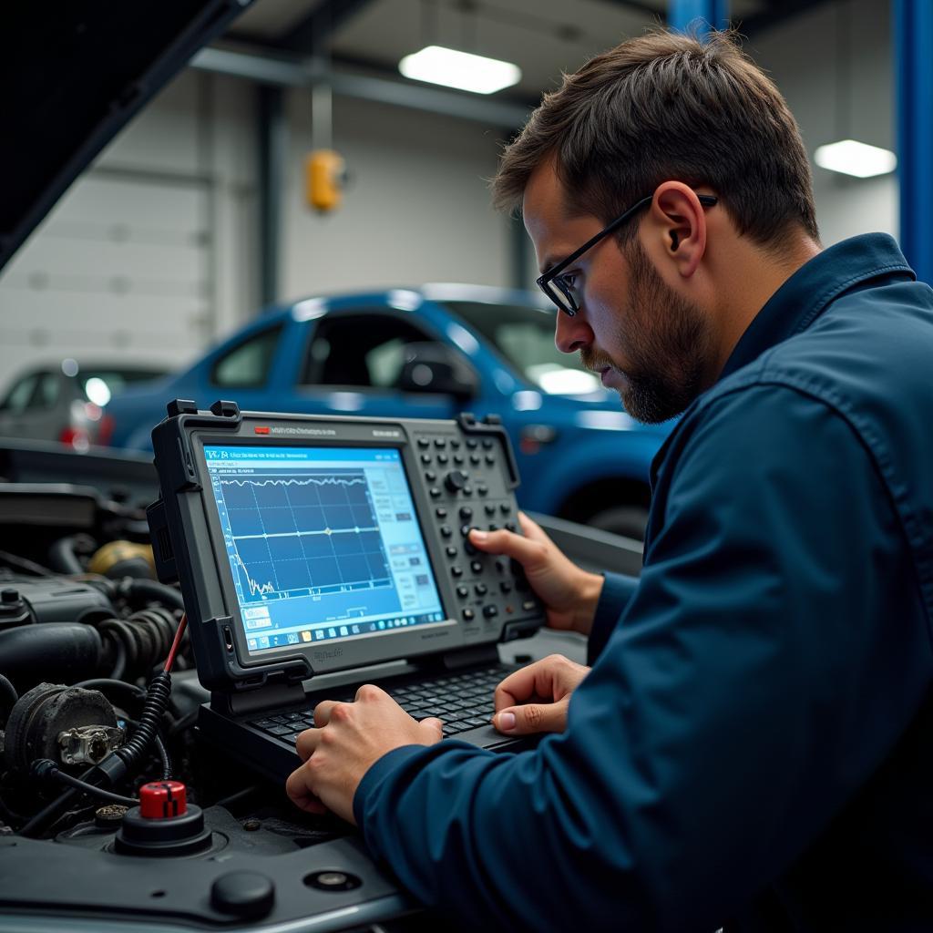 Mechanic Diagnosing Car Engine with Oscilloscope