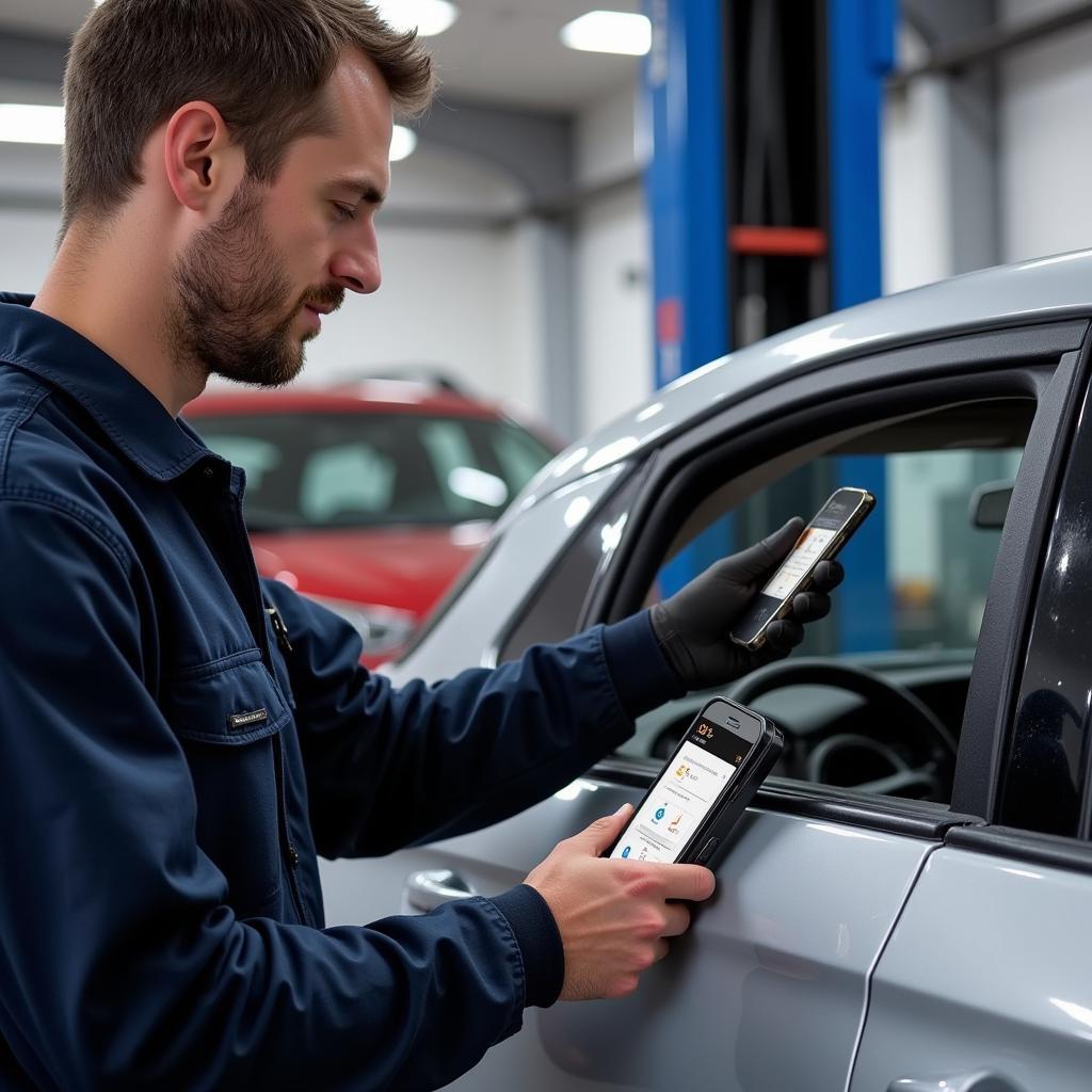 Mechanic Using Bluetooth Car Diagnostic Tool on a Car