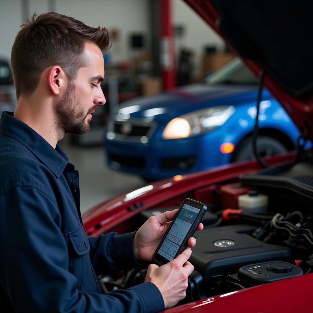 Mechanic Using a Bluetooth Car Diagnostic Tool