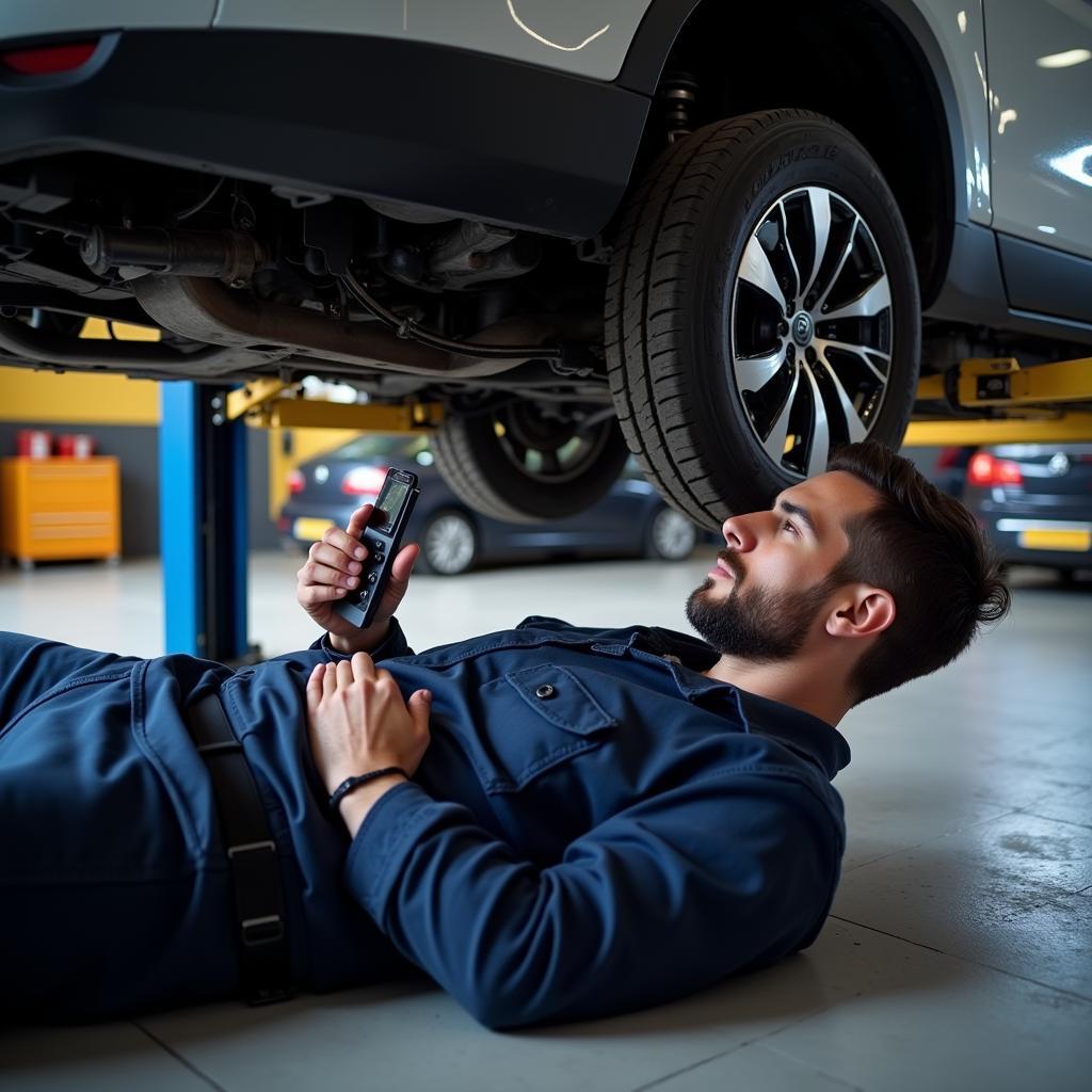 Mechanic using a bluetooth car diagnostic tool to diagnose a problem on the underside of a car