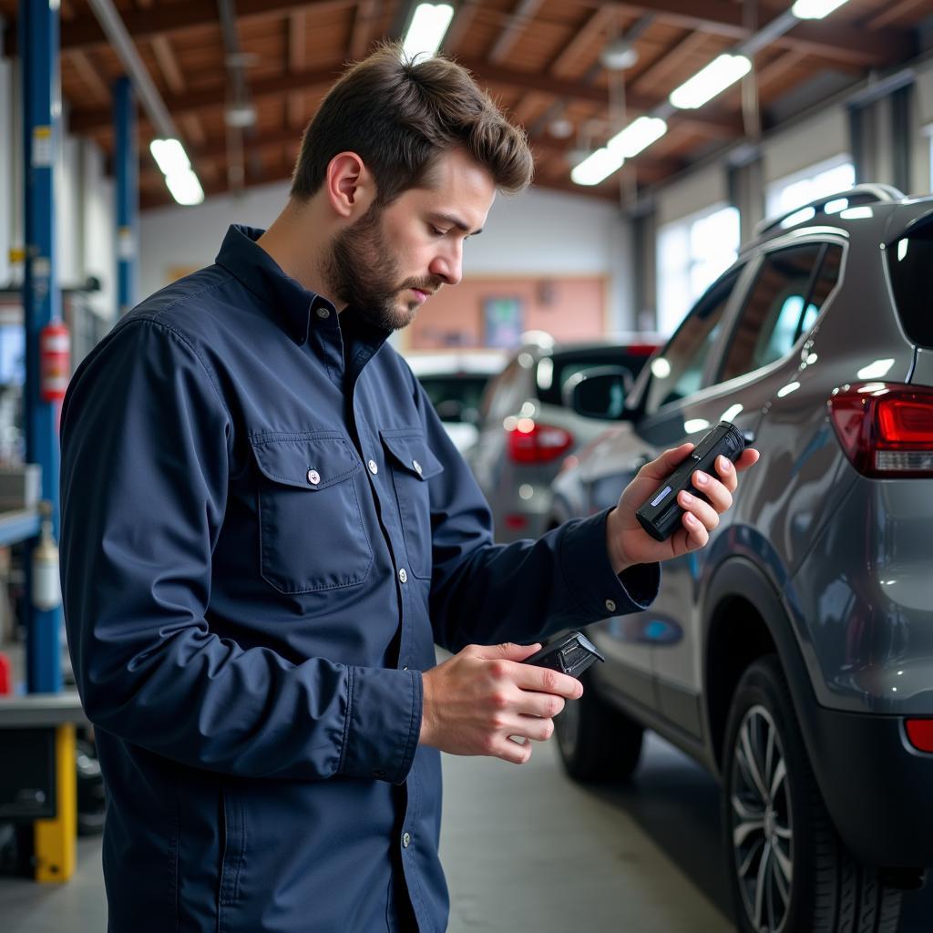 Mechanic Using a Bluetooth OBD2 Scanner in a Garage