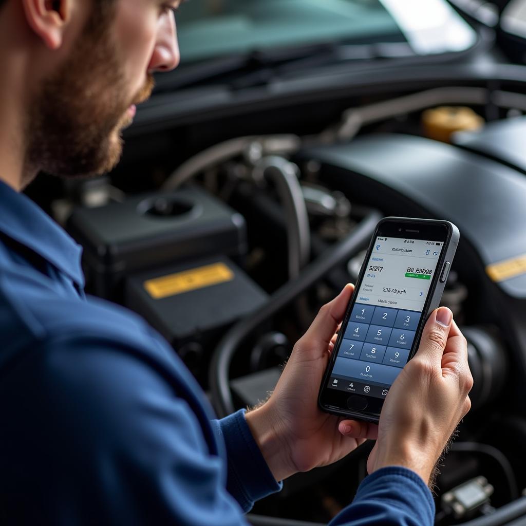 Mechanic Using Bluetooth OBD2 Scanner in Garage