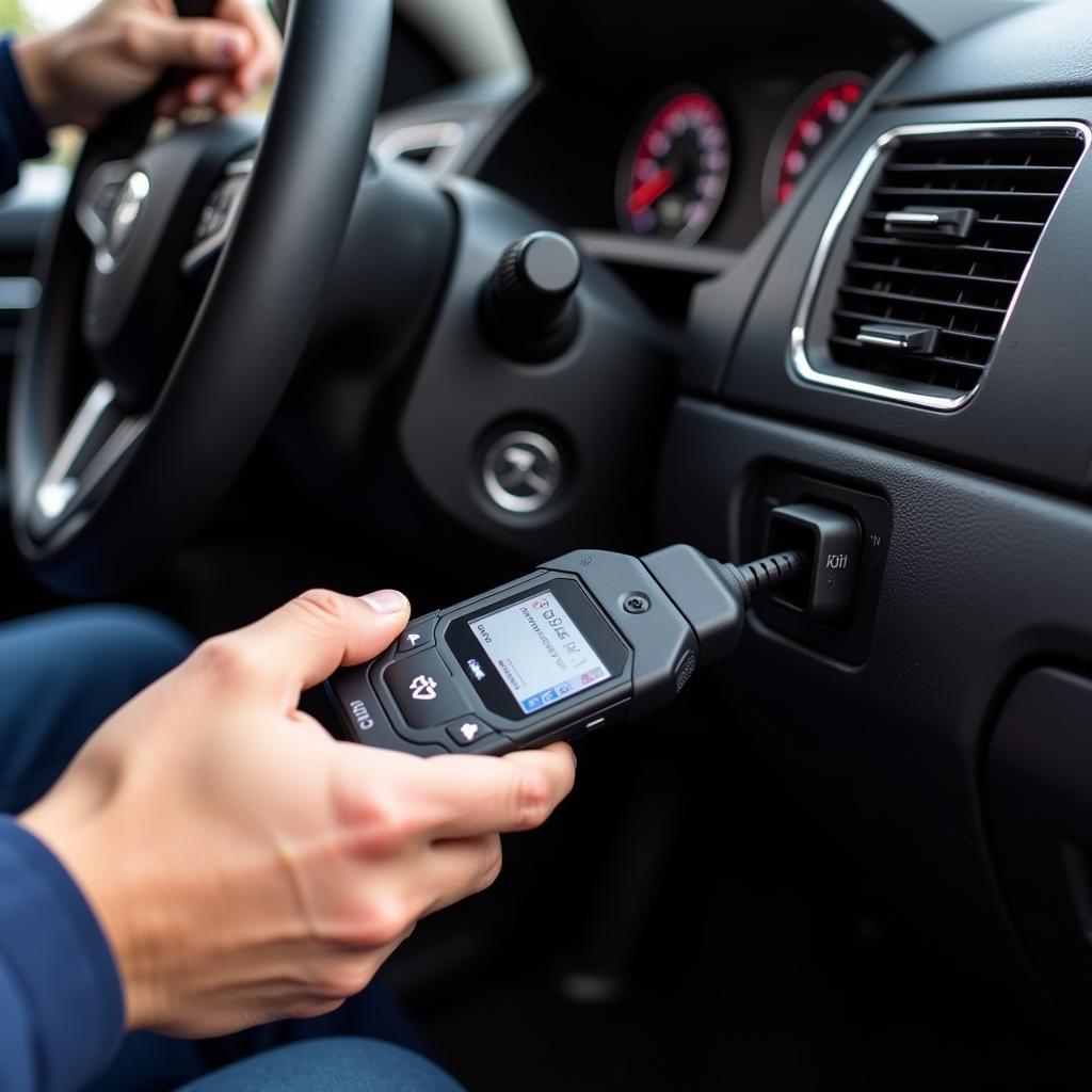 Mechanic using a bluetooth OBD2 scanner on a car