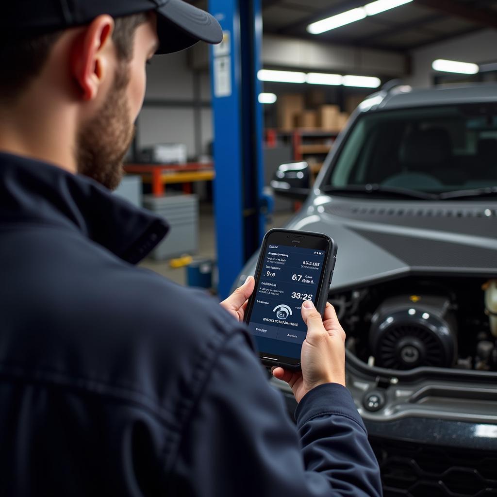 Mechanic Using Bluetooth OBD2 Scanner to Diagnose Car Problem