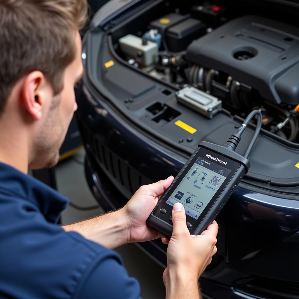 Mechanic Using Bluetooth Scan Tool on Car