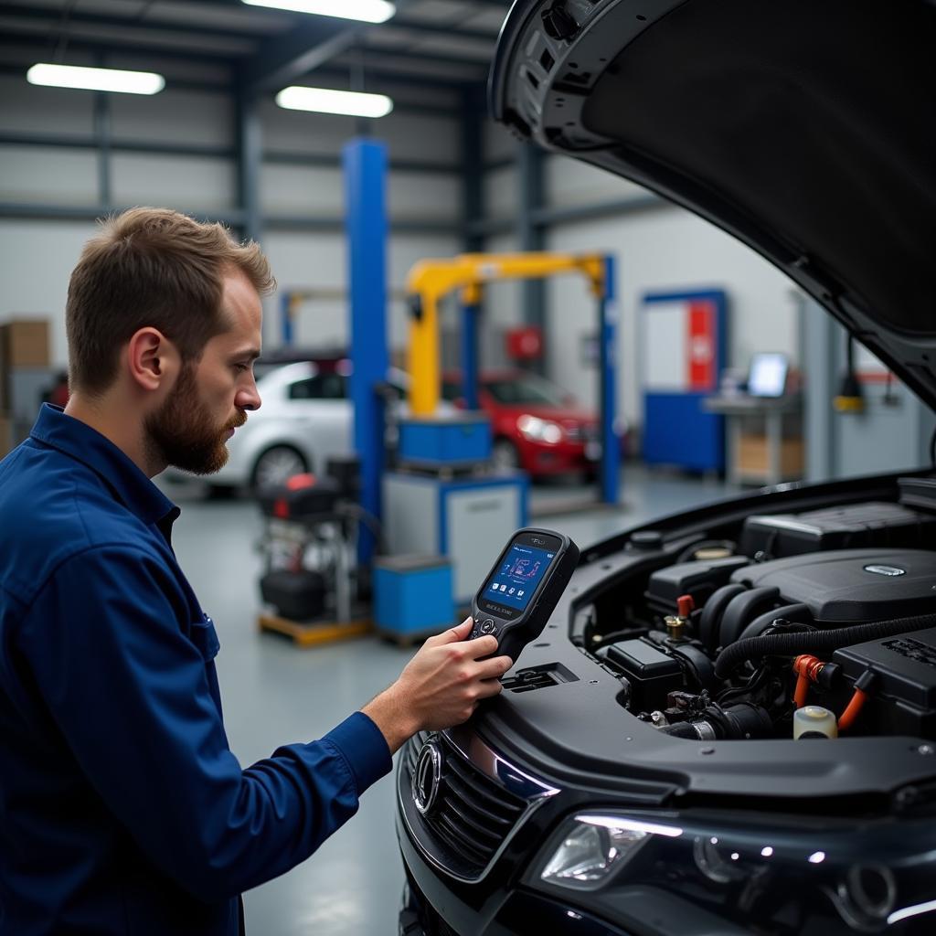 Mechanic Using Bluetooth OBD2 Scanner on a Car