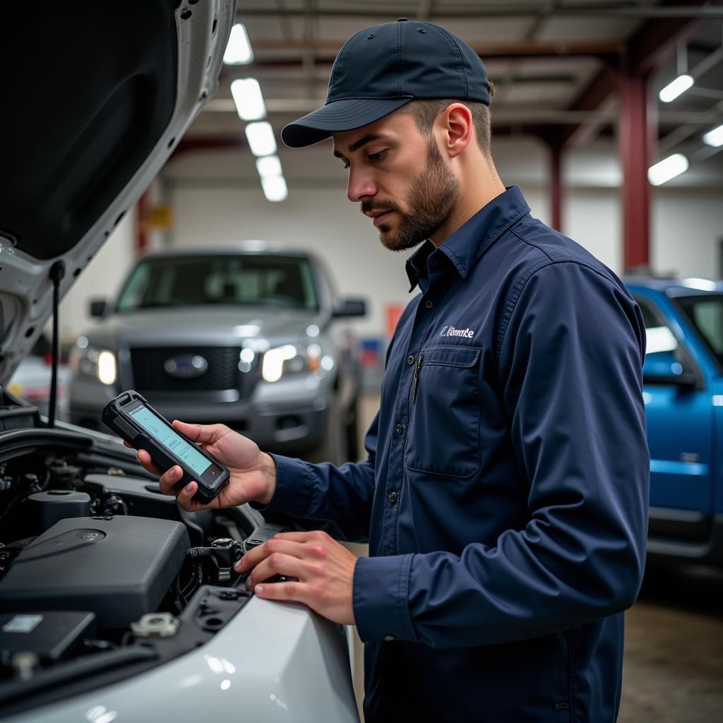 Mechanic uses a bluetooth diagnostic scanner in a garage