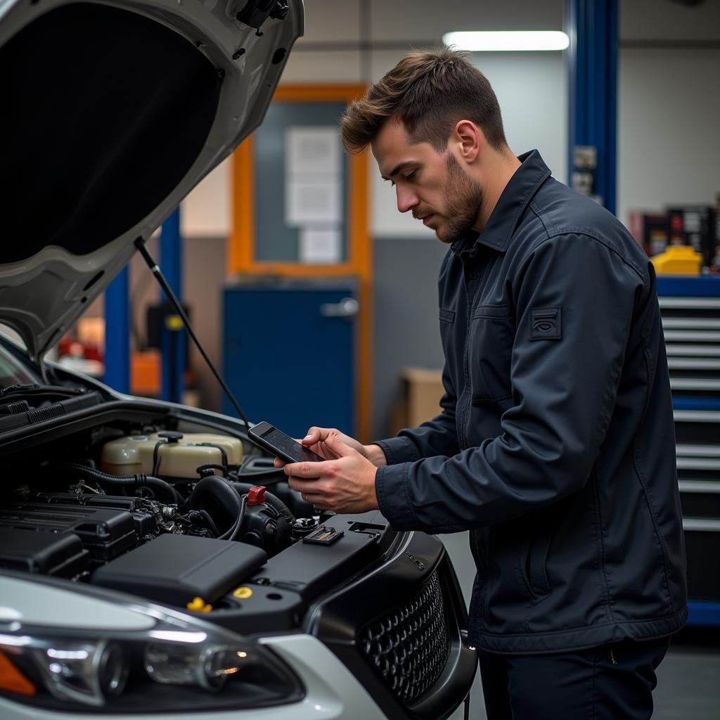 Mechanic Using Bluetooth Scanner in Garage