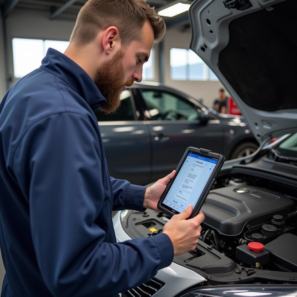 Mechanic Using Bluetooth Scanner on a Car