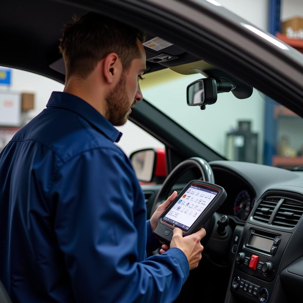 Mechanic using a Boss Comm car diagnostic tool to diagnose a car problem