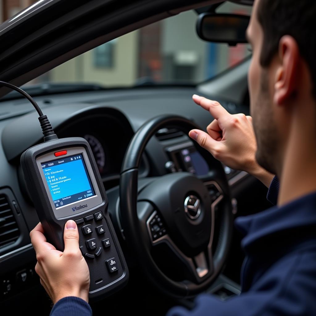 Mechanic using car ABS diagnostic tool to read trouble codes