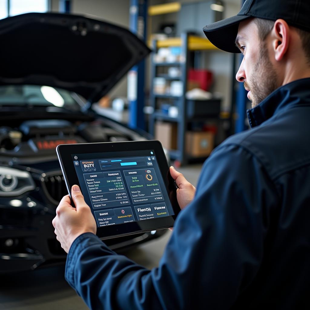 Mechanic Using Car Diagnostic App