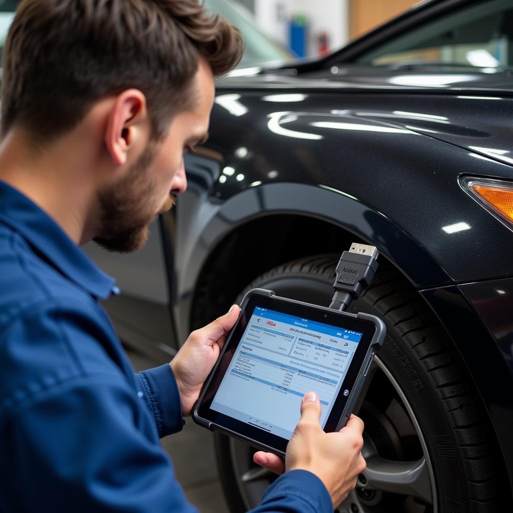 A mechanic using a car diagnostic cable and a tablet to diagnose a car