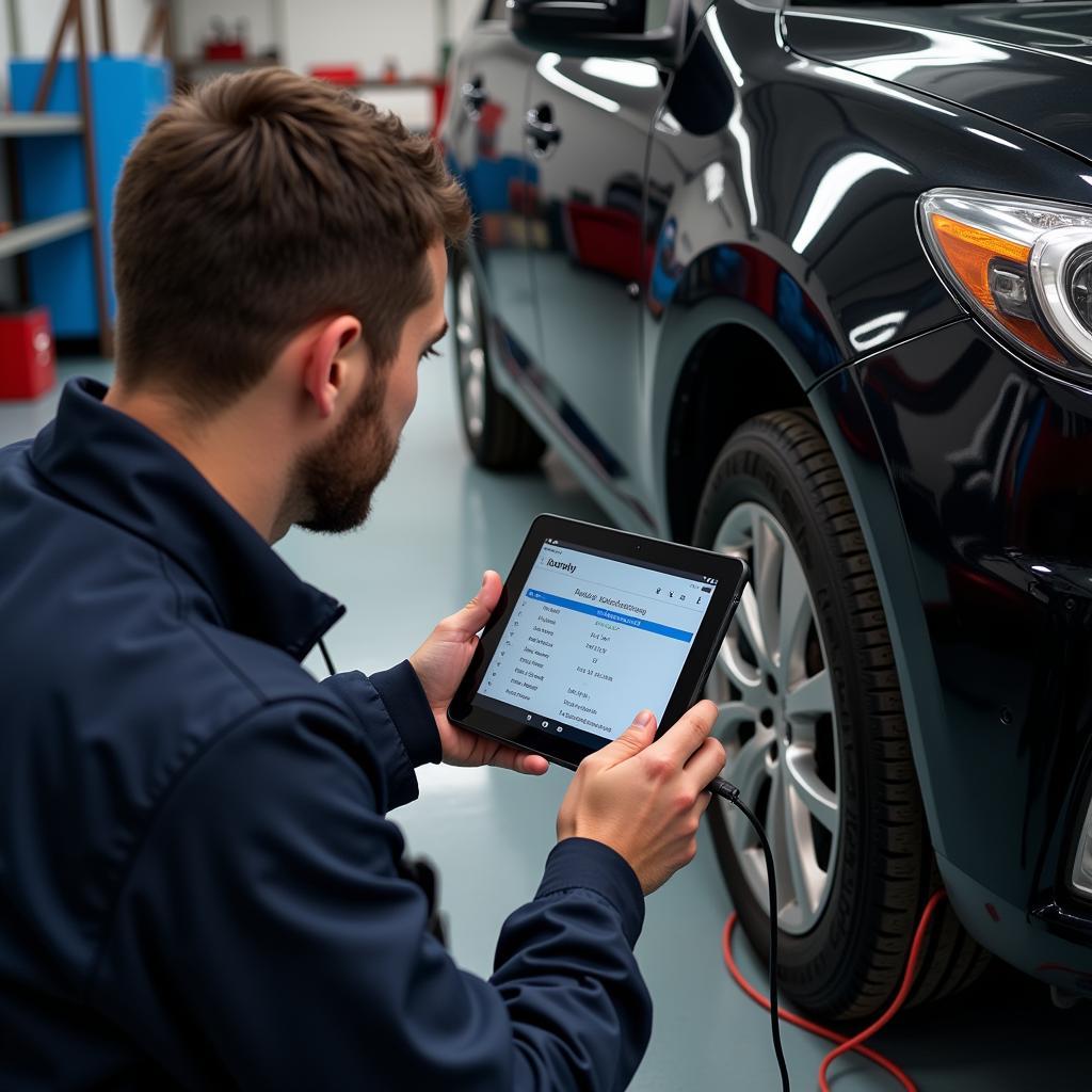 Mechanic using a car diagnostic cable with an Android tablet to diagnose a vehicle.