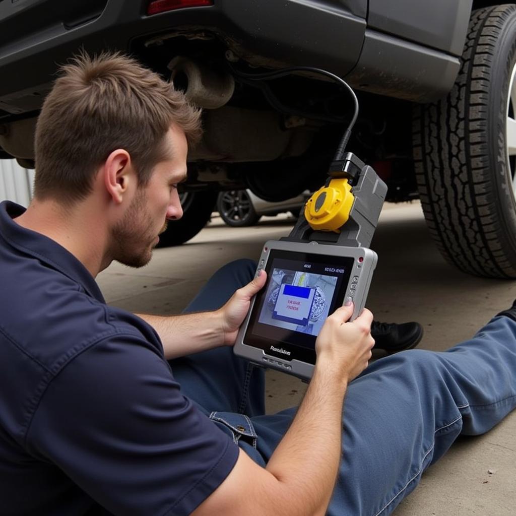 Mechanic Using Car Diagnostic Camera Under Car