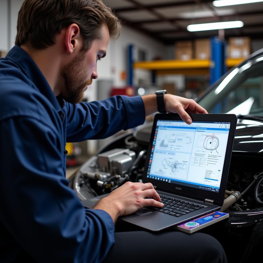 Mechanic using car diagnostic DVD on laptop