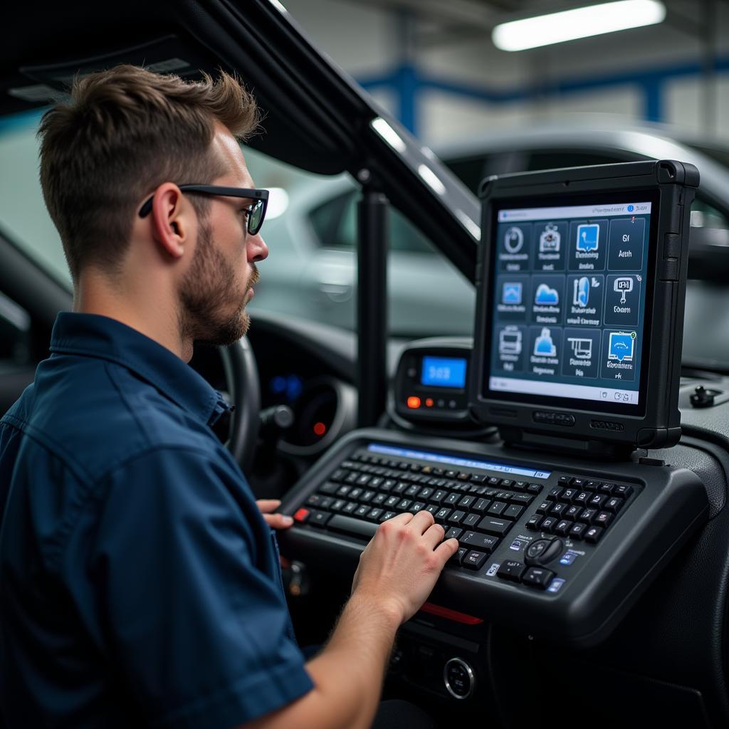 Mechanic using a car diagnostic interface to diagnose a car problem