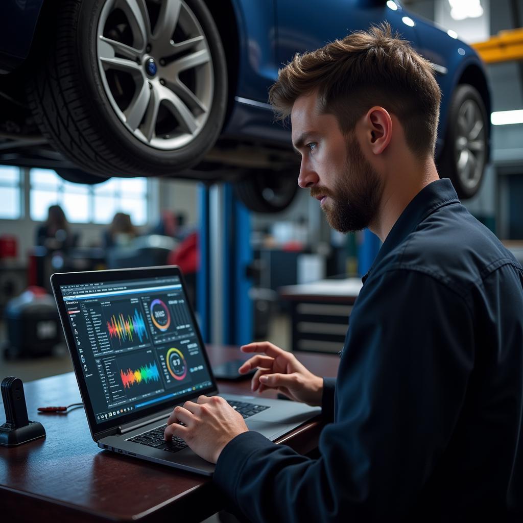 Technician Utilizing a Touchscreen Laptop for Diagnostics