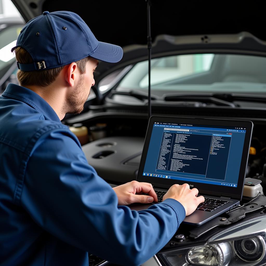 Mechanic diagnosing a car problem with a professional car diagnostic laptop