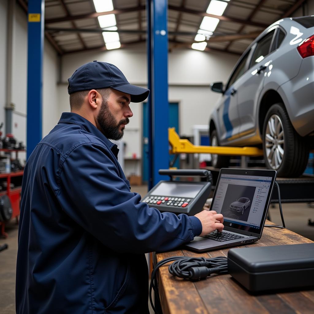 Mechanic Using a Car Diagnostic Machine in a South African Workshop