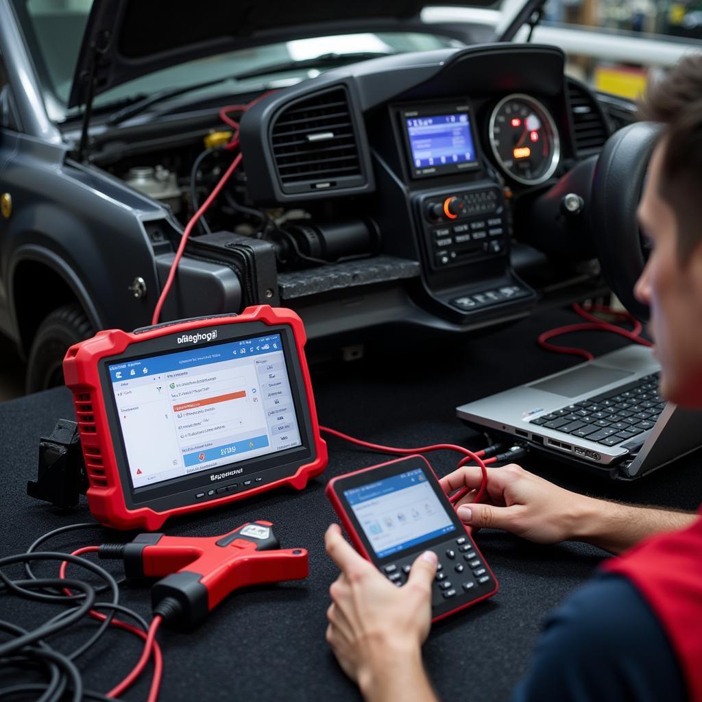 Mechanic Using Car Diagnostic Power Supply for Programming