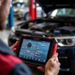 Mechanic using a car diagnostic reader to diagnose a vehicle.