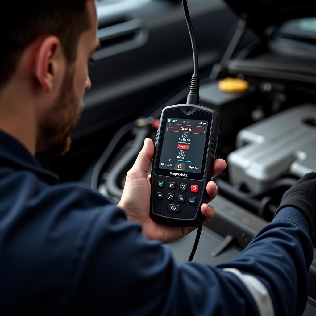 Mechanic using a car diagnostic scanner to diagnose a car problem