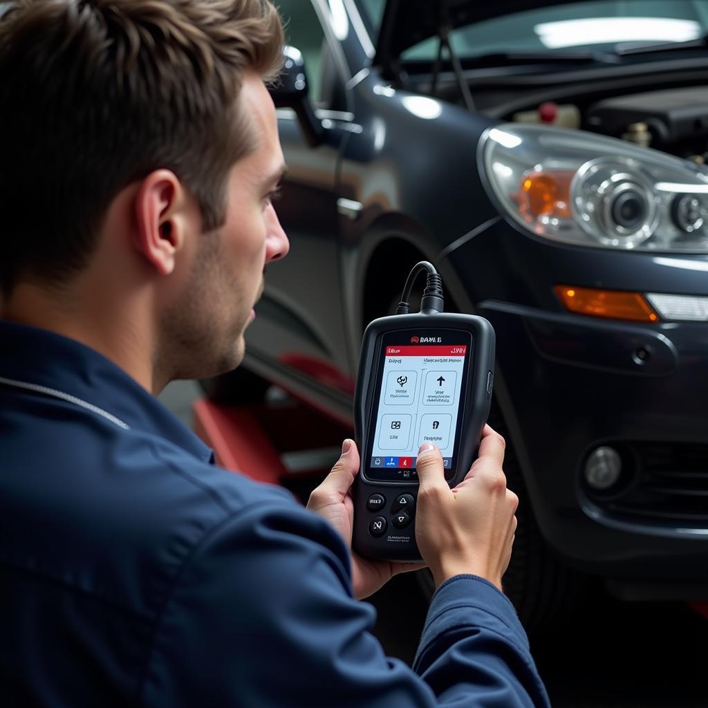 Mechanic Using a Car Diagnostic Scanner to Troubleshoot a Vehicle