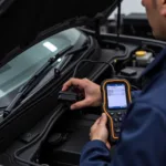 Mechanic Using Car Diagnostic Scanner to Read DTCs