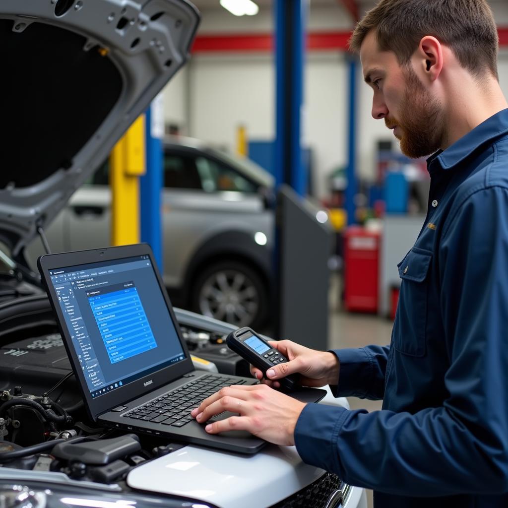 A mechanic using a car diagnostic scanner to troubleshoot a car issue.