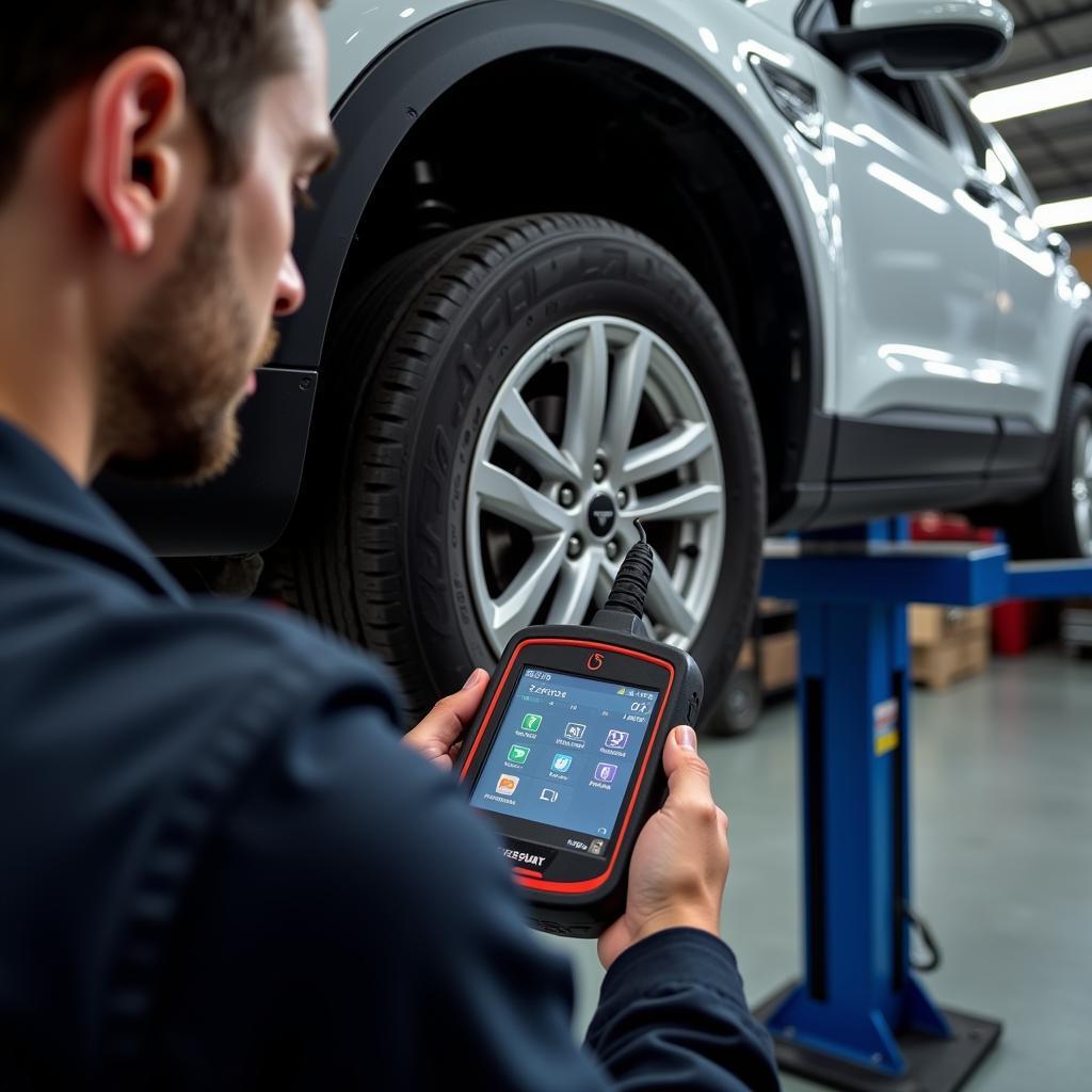 Mechanic Using Car Diagnostic Scanner with ABS to Diagnose Brake Issue