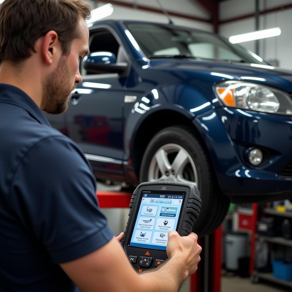 Mechanic Using Car Diagnostic Scanner for Troubleshooting