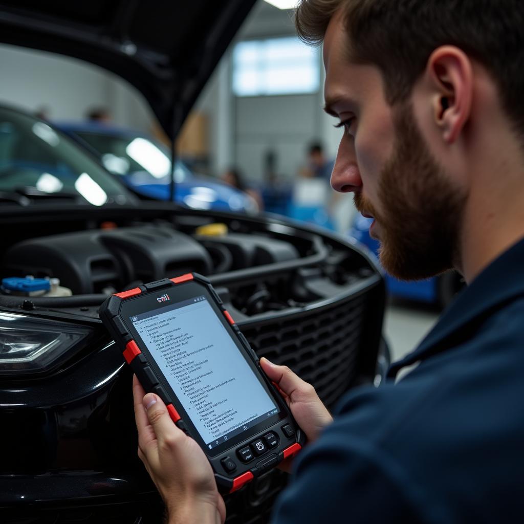 Mechanic Using Car Diagnostic Scanner to Diagnose Car Problem