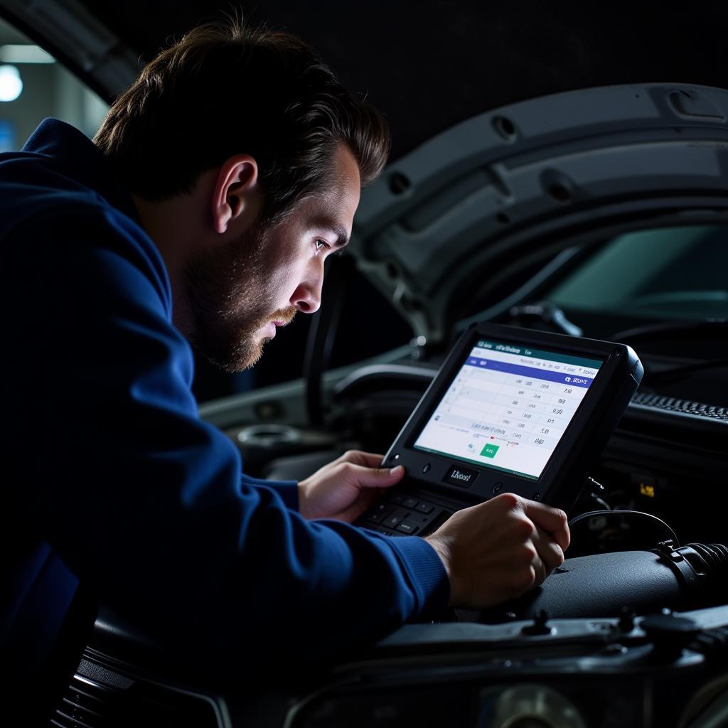 Mechanic utilizing a car diagnostic scanner to identify an engine issue.