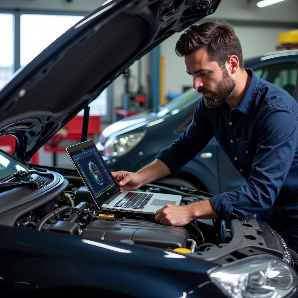 Mechanic Using Diagnostic Software for Troubleshooting